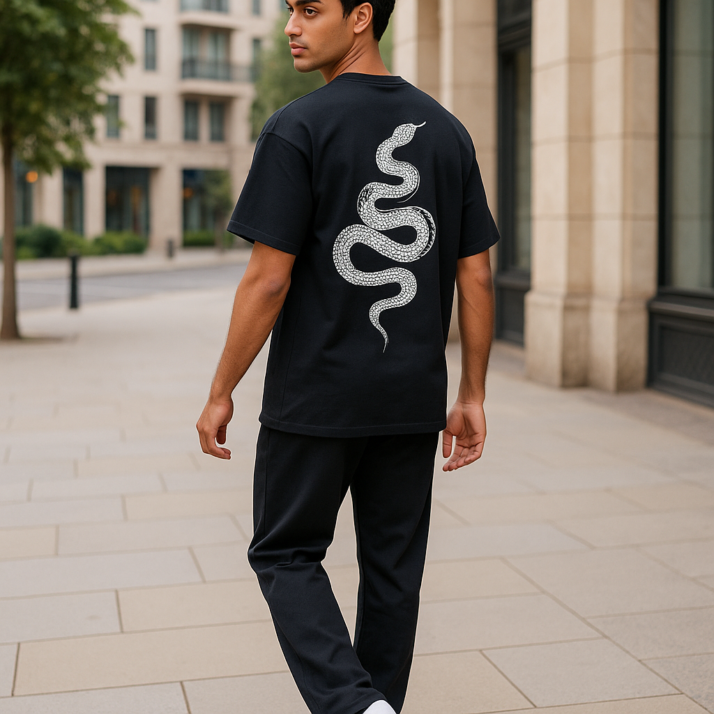 A person wearing a black graphic tee with a snake design on the back, walking on a pedestrian area.