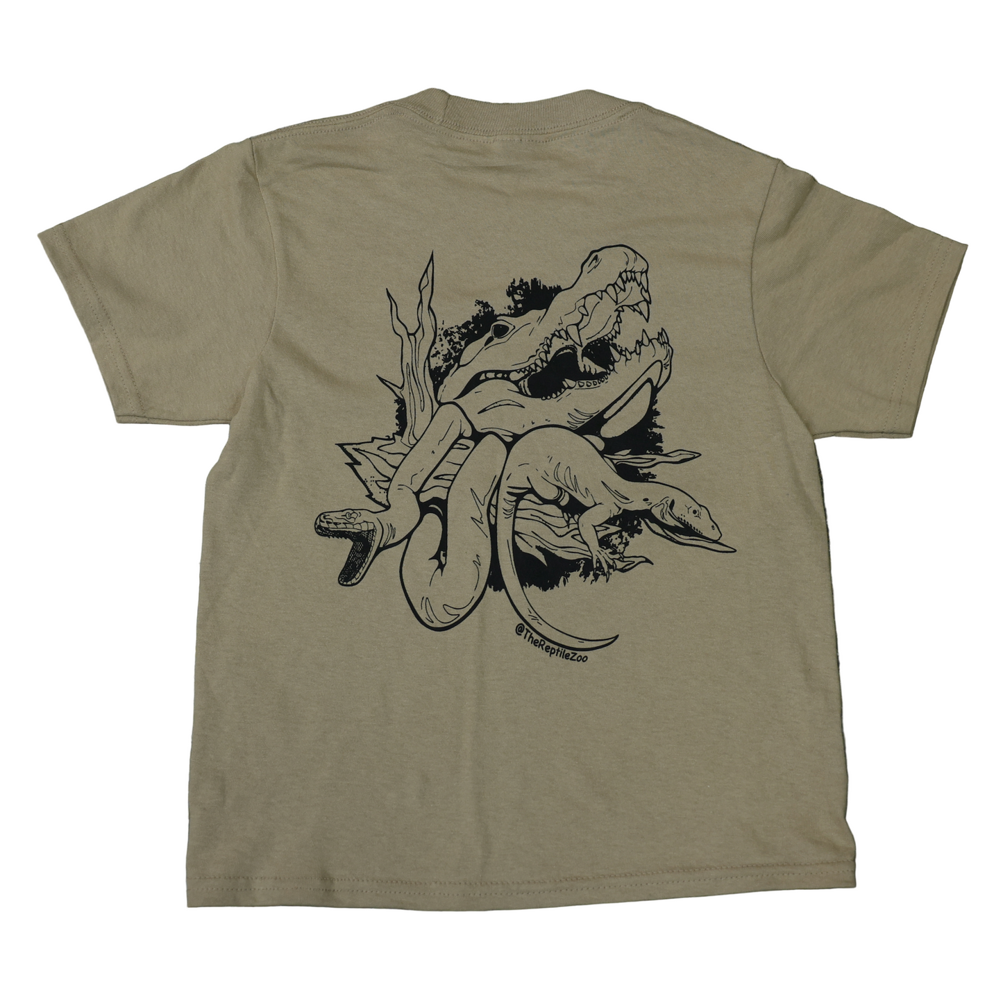 Beige t-shirt with black graphic design on a textured surface