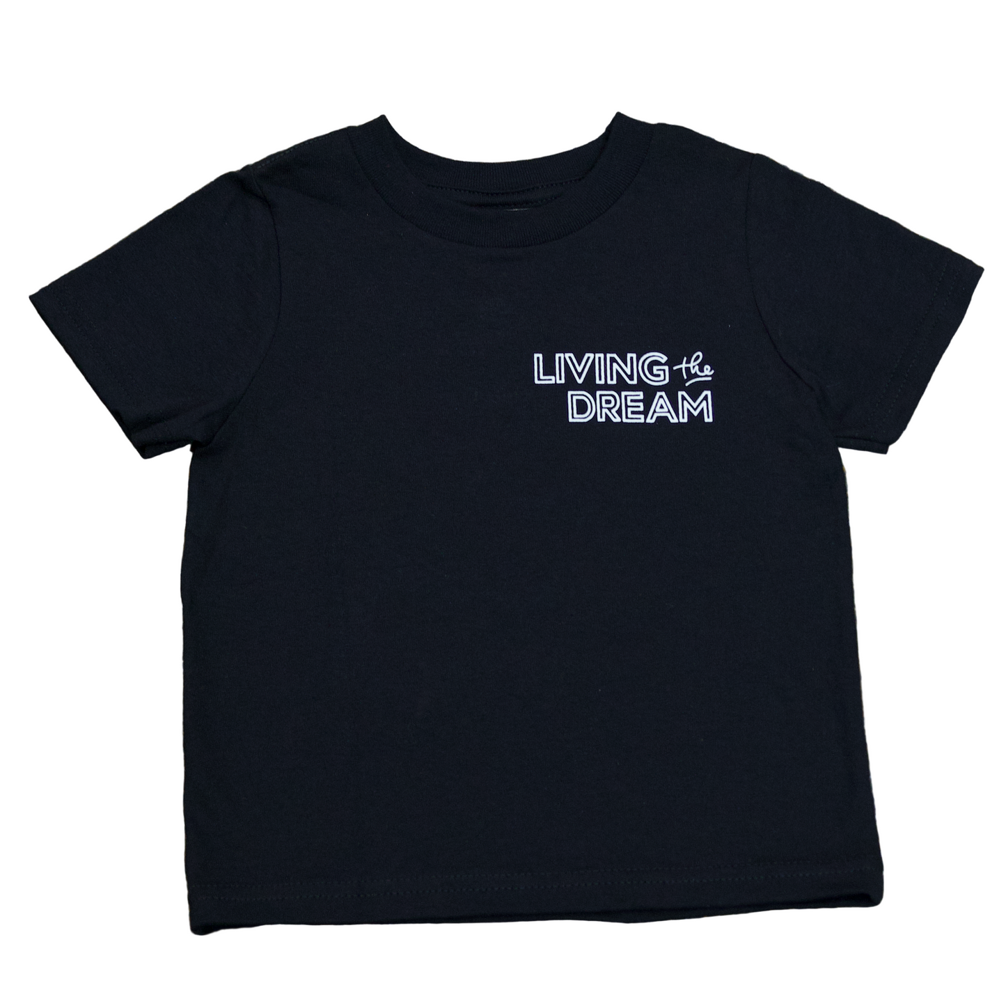Black t-shirt with 'LIVING DREAM' text on a textured surface