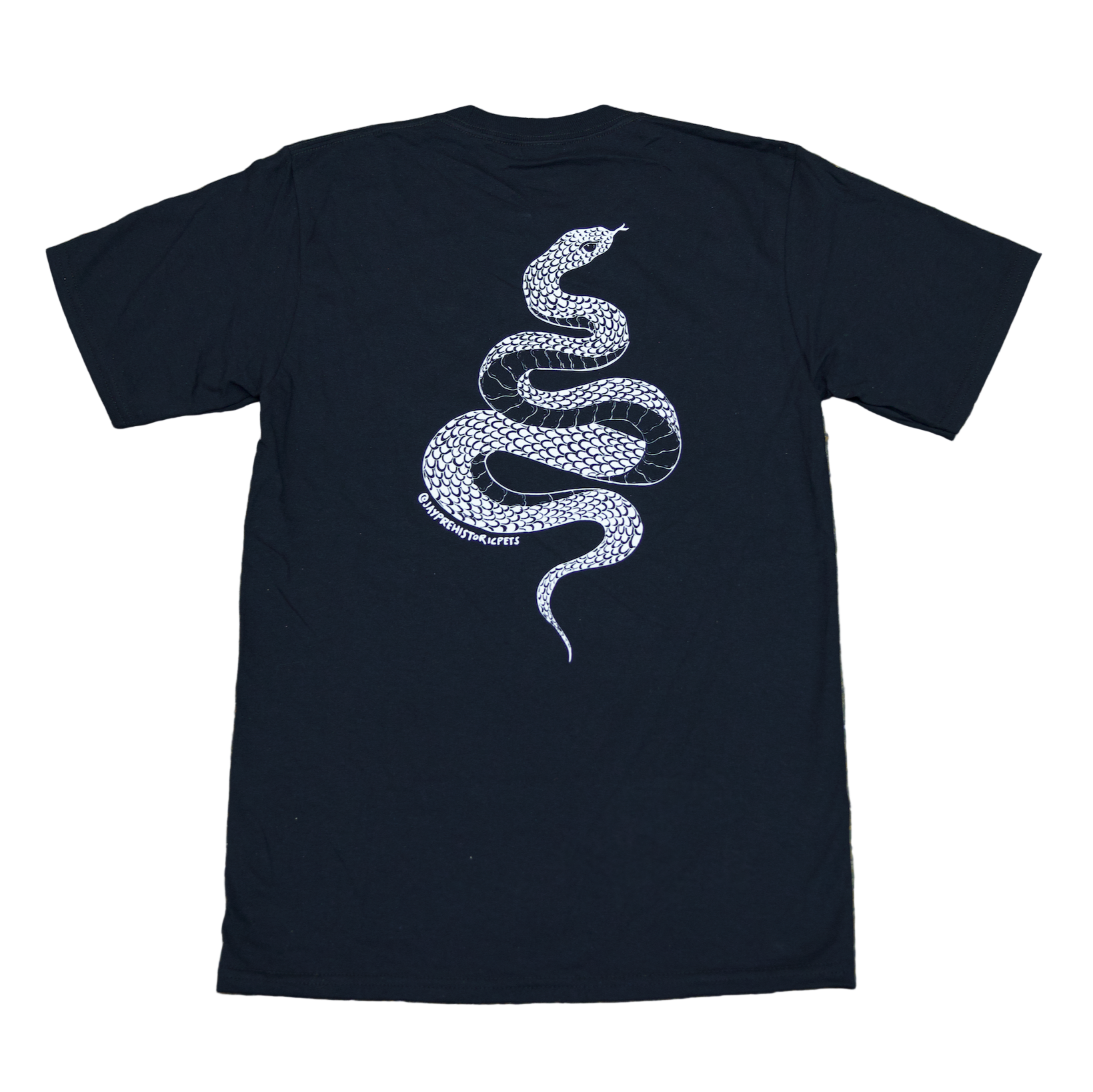 Black t-shirt with a white snake design on a textured surface