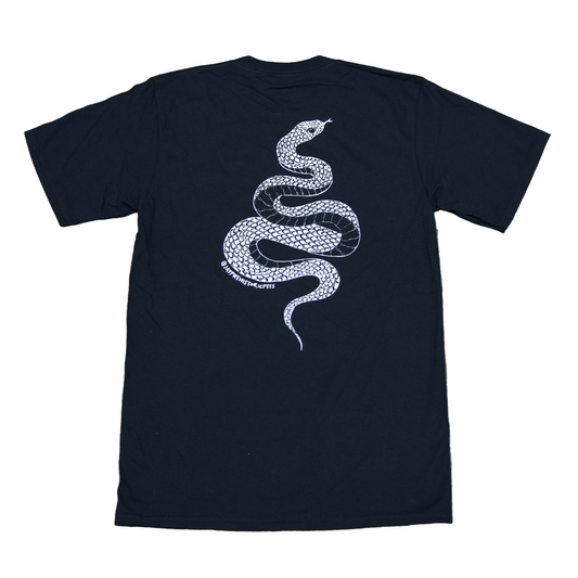 Black t-shirt with a white snake design on a textured surface