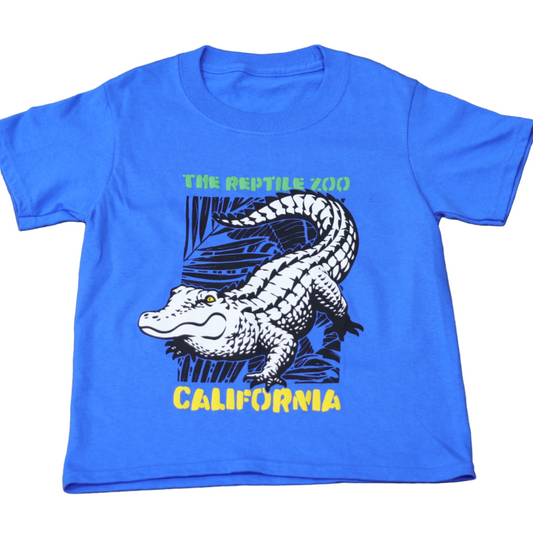 Blue t-shirt with alligator graphic and text on a white background