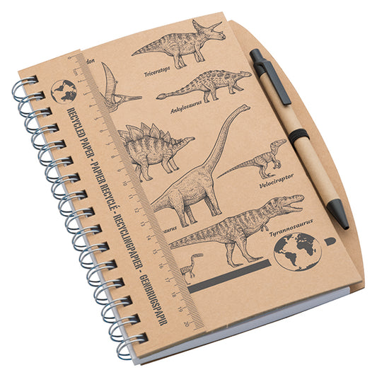 Recycled A5 Dinosaur Notebook – 6" x 8" with 6" Ruler & Pen