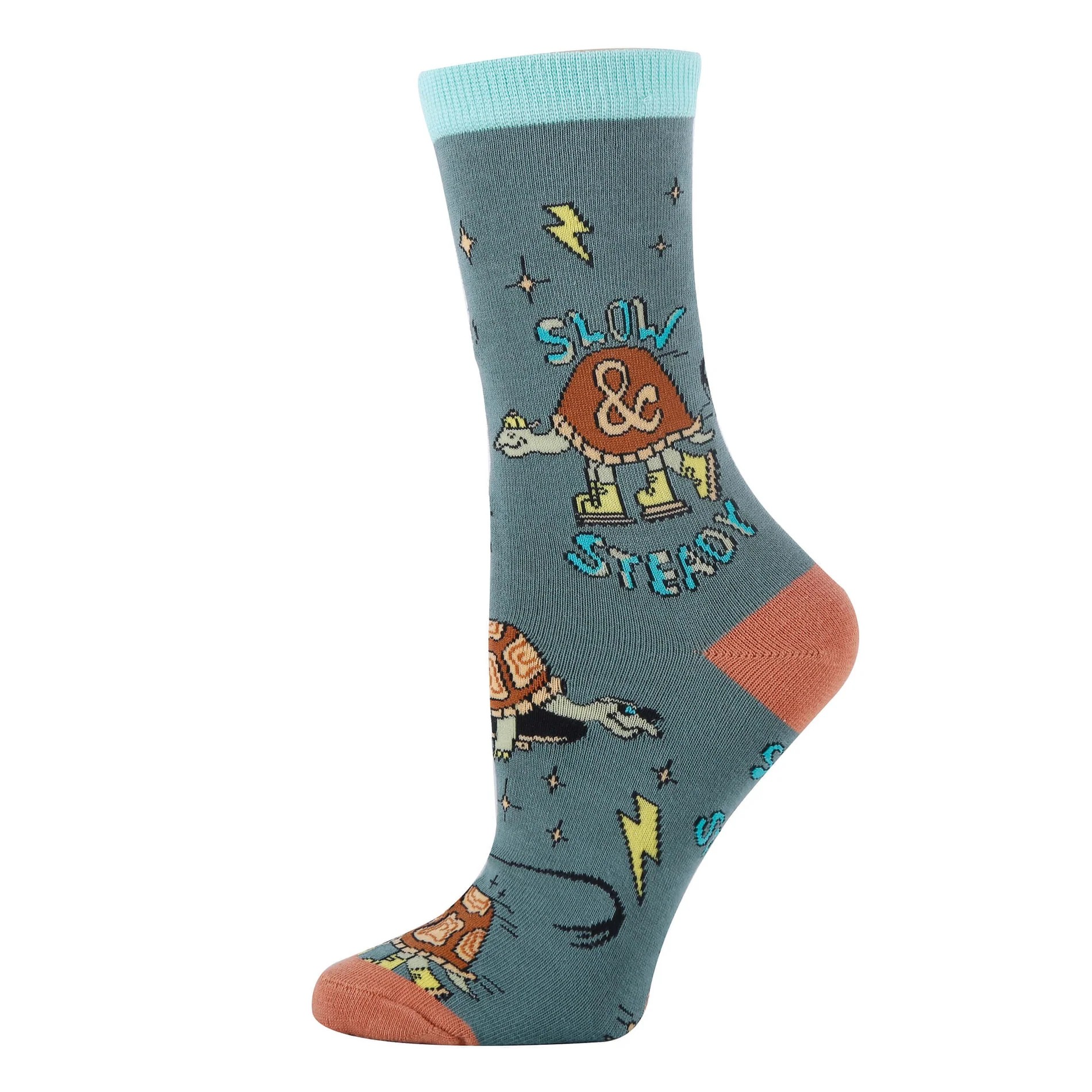 Slow & Steady Dinosaur Cotton Crew Socks – Funny Novelty Dino Socks for Kids & Adults